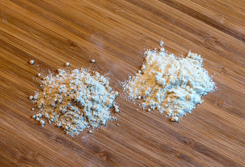 rye and wheat flour on a wooden Board