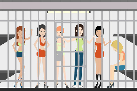 People in jail in police station. Dangerous prisoners. Guilty and isolated. Prostitutes.
