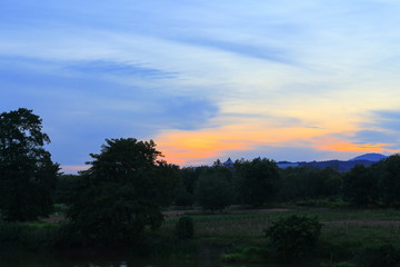 Fototapeta na wymiar sunset colorful and silhouette woodland twilight in nature