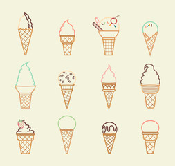 Ice cream cone line icons