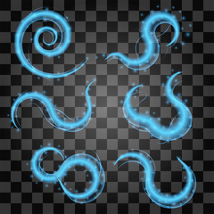 Concept vector set of shining spiral items. Isolated blue elements on a transparent background