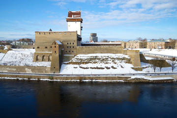 Herman's Castle closeup sunny March day. Narva, Estonia