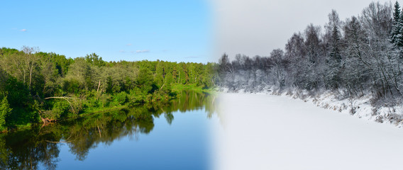 Forest and sky reflected in the river. Landscape.