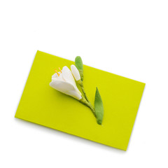 Close up of green envelope with flower
