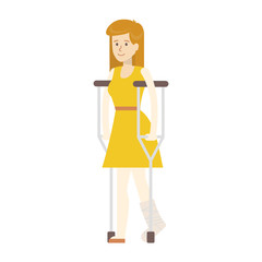 Isolated disabled woman on white background. Young beautiful woman with crutches.