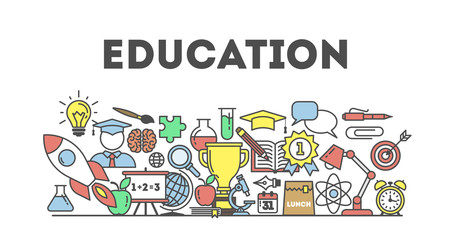 Eduation illustartion concept on white background. Word with many icons as target, lamp, medal, apple and more. White background.