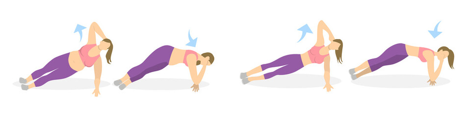 Body exercise for women on white background. Crossfit and fitness. Plank with elbow down. From fat to skinny.
