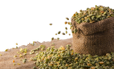 Green peas in a small sack