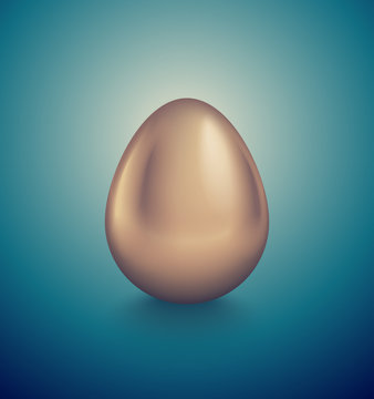 Glossy golden egg. Turquoise deep retro background. Vintage banner, card, poster for Easter, business benefit concept