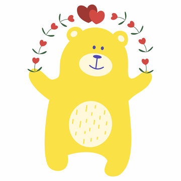 Teddy bear with an arch of flowers and hearts. Yellow toy bear for design of children's goods and things. Sticker for a photo shoot with cute little animals.
