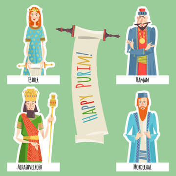 Finger puppets for Jewish festival of Purim. Book of Esther characters and heroes: Achashveirosh, Mordechai, Esther, Haman.