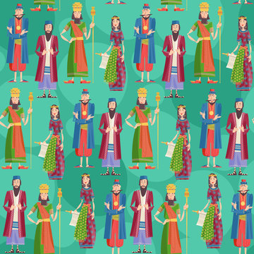 Purim. Book of Esther characters and heroes: Achashveirosh, Mordechai, Esther, Haman. Seamless background pattern. 