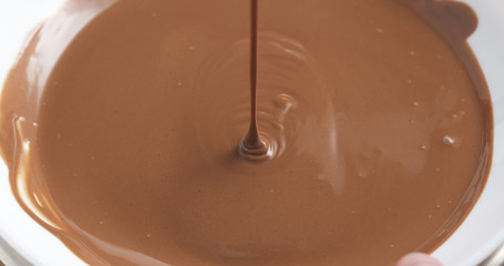 pour gianduja cream in bowl with spoon, 4k 60fps prores footage