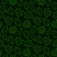 Doodle leaves seamless pattern, dark vector hand-drawn green leaf wallpaper, nature botanic abstract background, EPS 8