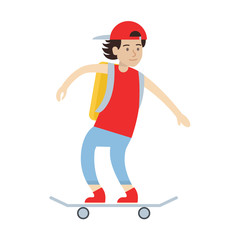 Isolated boy skateboarding. Man riding on the skateboard. Summer extreme sport.