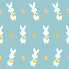 Bunny holding easter egg. Happy Easter seamless background pattern. Vector illustration