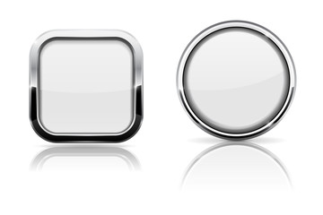 White glass buttons. Square and round shiny icons with chrome frame