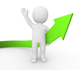 3d man holding green arrow and greeting. 3d render.