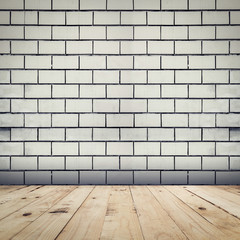 Grunge white brick wall background and wood floor perspective ro