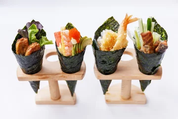 Poster California Hand Roll Sushi Set : Foie Gras, Shrimp with Kani, Tamagoyaki, Avocado and Tobiko. Another is Shrimp Tempura and Crispy Tuna Skin with Sliced Cucumber. © artitwpd