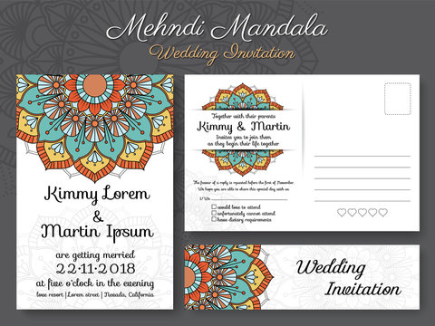 Classic vintage wedding invitation card design with beautiful Mandala flower, suitable for both traditional and modern trend. Save the date and RSVP postcard template. Vector illustration - Powered by Adobe