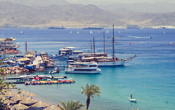 Eilat is a famous Israeli city located on the Red Sea, its sunny beautiful beaches and resort hotels packed with thousands relaxing and resting tourists from around the world