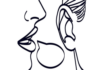 Woman lips whispering in mans ear drawing vector illustration