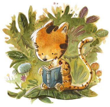tigre leyendo un libro en la selva