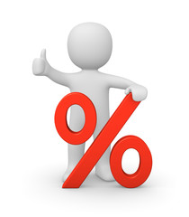 3d man with percent symbol showing thumbs up. 3d render.