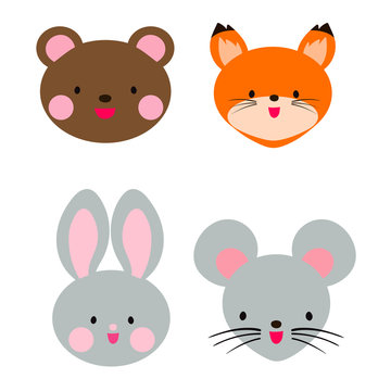Cute animal head. Teddy bear, rabbit, fox and mouse. Cute Japanese anime style.