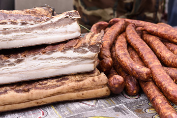 Domestic smoked bacon, ham and fried sausages