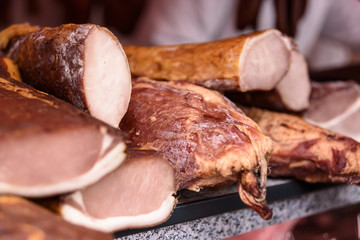 Domestic smoked bacon, ham and fried sausages