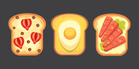Set toasts and sandwich breakfast. Bread toast with jam, egg, cheese, blueberry, peanut butter, salami, fish. Flat vector illustration.