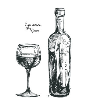 Bottle and glass. Wineglass. Vessels with wine. Graphic illustration. Drawn by hand. The inscription "I love wine." It can be used as an idea for a tattoo.