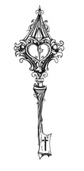 Beautiful antique key on white background. Silhouette. Drawn by hand. Nice element for your project.