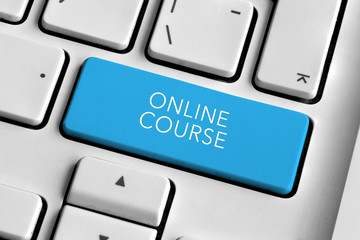 White keyboard with blue online course button