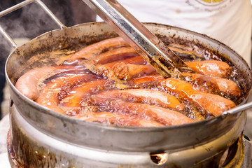 Domestic smoked bacon, ham and fried sausages