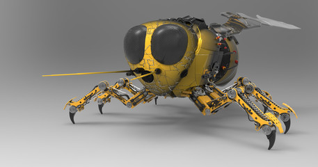 3D Illustration Of A Black And Yellow Mechanical Robot Bee