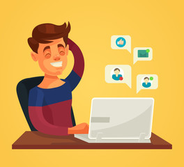 Men character communicate in social networks. Vector flat cartoon illustration