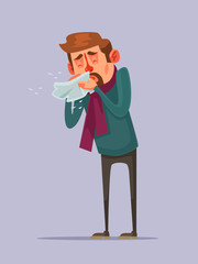 Sick man character sneezes. Vector flat cartoon illustration