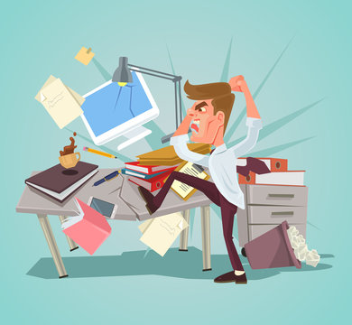 Angry office worker character crash workplace. Vector flat cartoon illustration