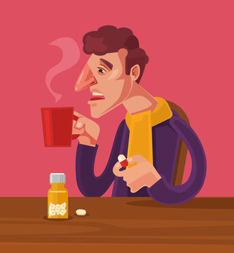 Sick man character take medicine. Vector flat cartoon illustration 