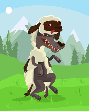 Wolf character in sheep clothing. Vector flat cartoon illustration