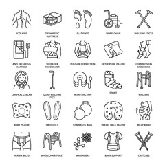 Orthopedic, trauma rehabilitation line icons. Crutches, orthopedics mattress pillow, cervical collar, walkers and other medical rehab goods. Health care thin linear signs for clinic and hospital.