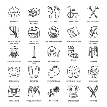 Orthopedic, trauma rehabilitation line icons. Crutches, orthopedics mattress pillow, cervical collar, walkers and other medical rehab goods. Health care thin linear signs for clinic and hospital.