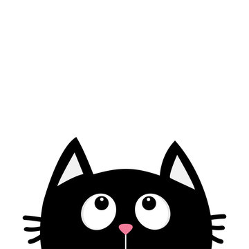 Black cat face head silhouette looking up. Cute cartoon character. Kawaii animal. Baby card. Pet collection. Flat design style. White background. Isolated.