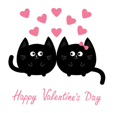 Valentines Day. Round shape black cat icon. Love family couple. Pink heart Cute cartoon character. Kawaii animal. Happy emotion. Kitty kitten Baby pet collection. White background Isolated Flat design