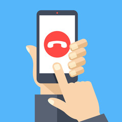 Decline phone call button on smartphone screen. Hand holding smartphone, finger touching screen. Reject call. Modern concept for web banners, web sites, infographics. Flat design vector illustration - obrazy, fototapety, plakaty