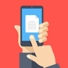 Document icon on smartphone screen. Hand holding smartphone, finger touching document on screen. Read, download file with mobile phone concept. Modern flat design graphic elements. Vector illustration