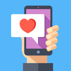 Hand holding smartphone with heart emoji message on screen, like button. Love confession, like. Social network and mobile device. Graphics for websites, web banners. Flat design vector illustration